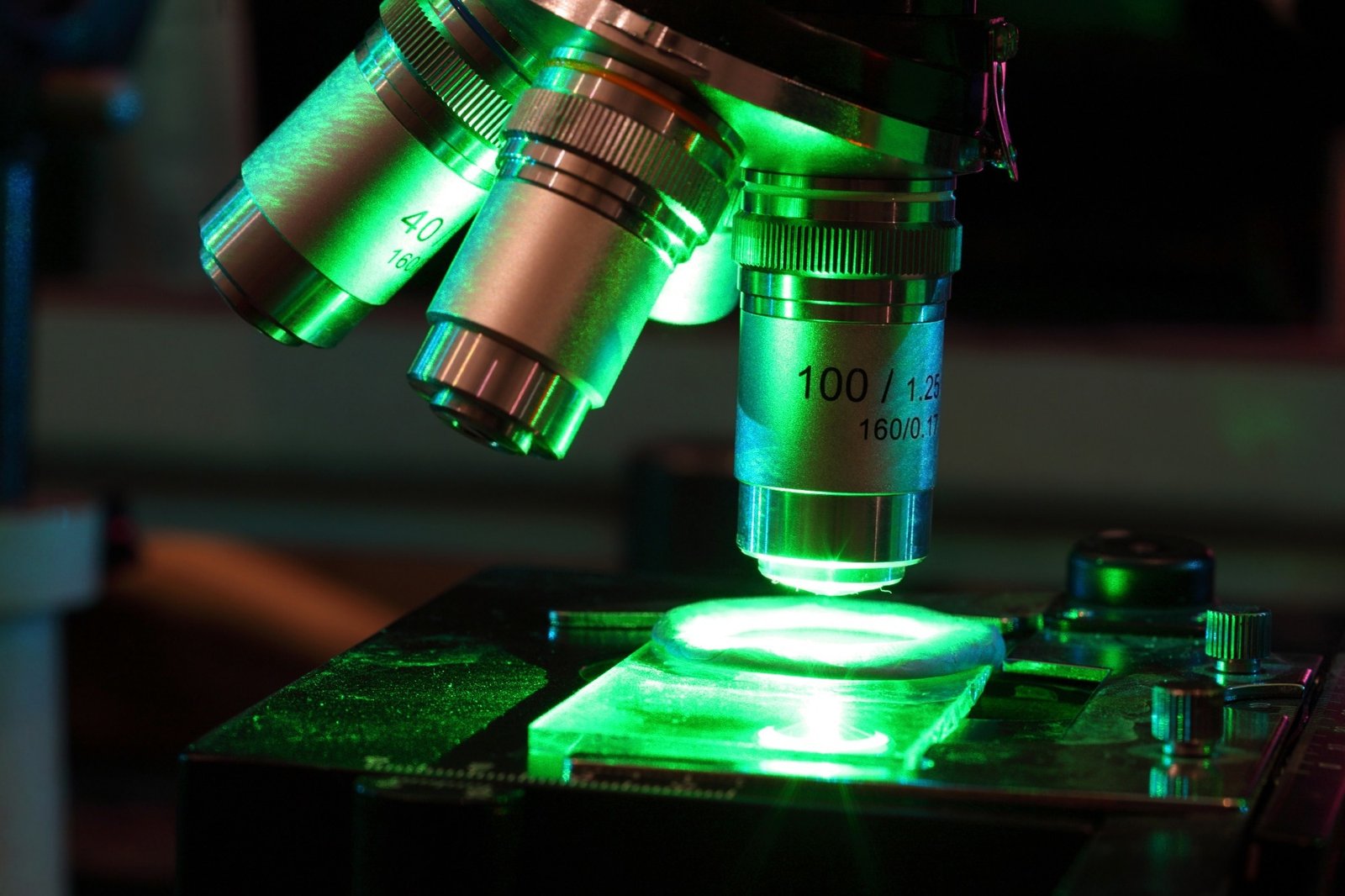 Microscopic image of a microscope illuminated with blue light, focused on a lens assembly and slide on a stage.