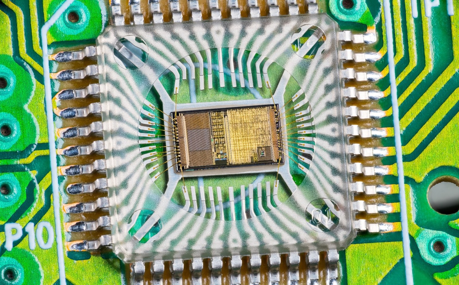 A close-up of a microchip mounted on a green printed circuit board (PCB), revealing the intricate wiring and connections.